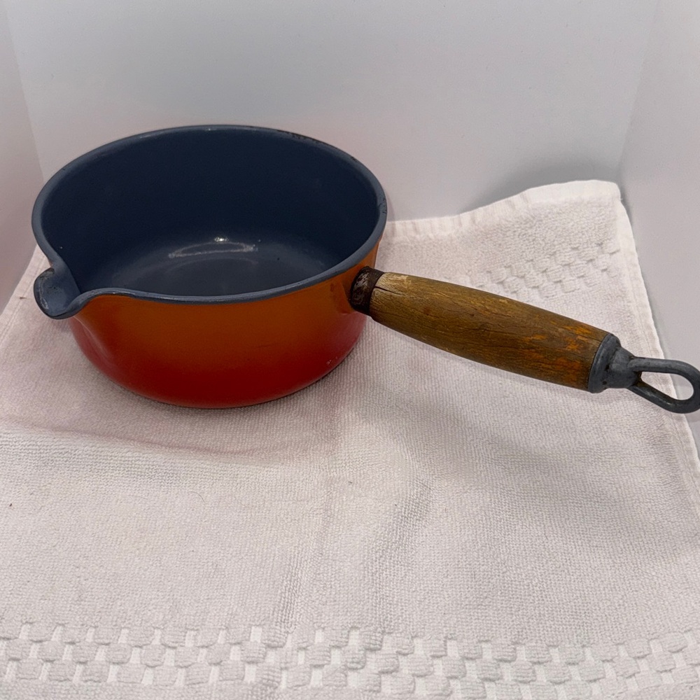 Vintage Descoware Flame Red Enameled Cast Iron Pot Wood Handle MCM